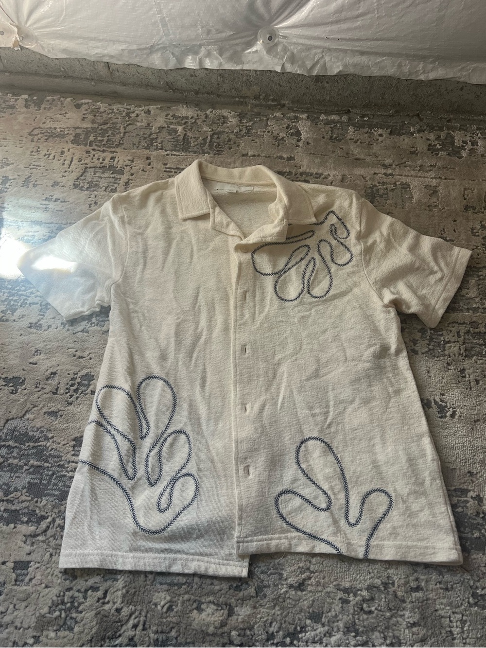 Zara Off White Textured Embroidered Button Down Shirt Size 11-12
